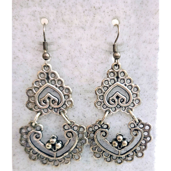 Handmade in Israel Pewter Style Large Dangle Earrings Silver Tone - Picture 1 of 6